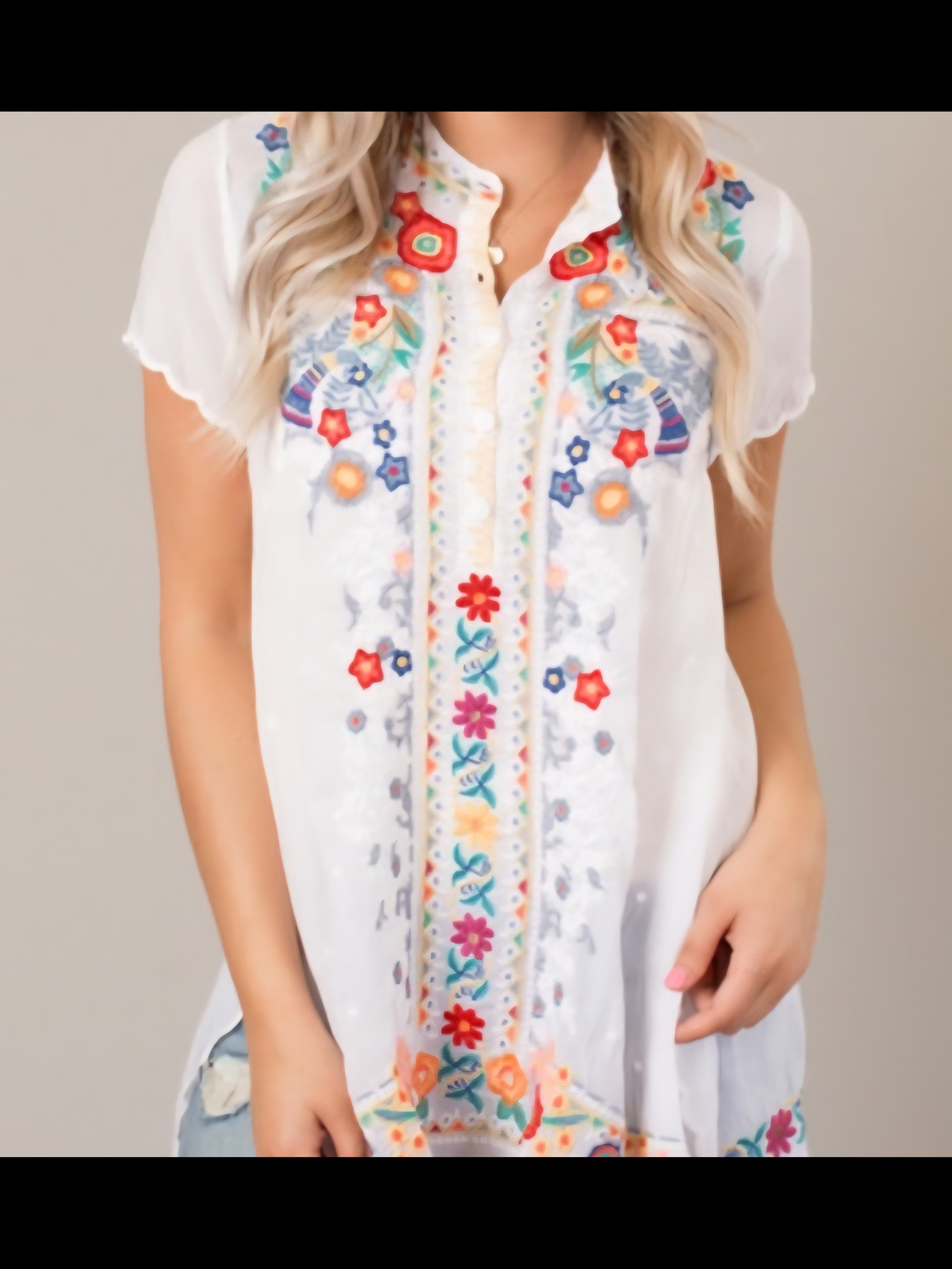 Johnny Was White Embroidered Floral Split-Neck Tunic